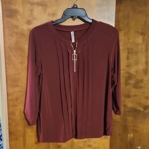 PerSeption Concept Burgundy Zip-Pleat Long Sleeve Top